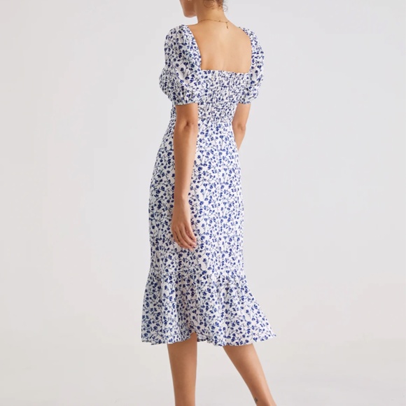 Commense Short Puff Sleeve Floral Tie Neck Midi XS Dress NWT - Picture 4 of 5